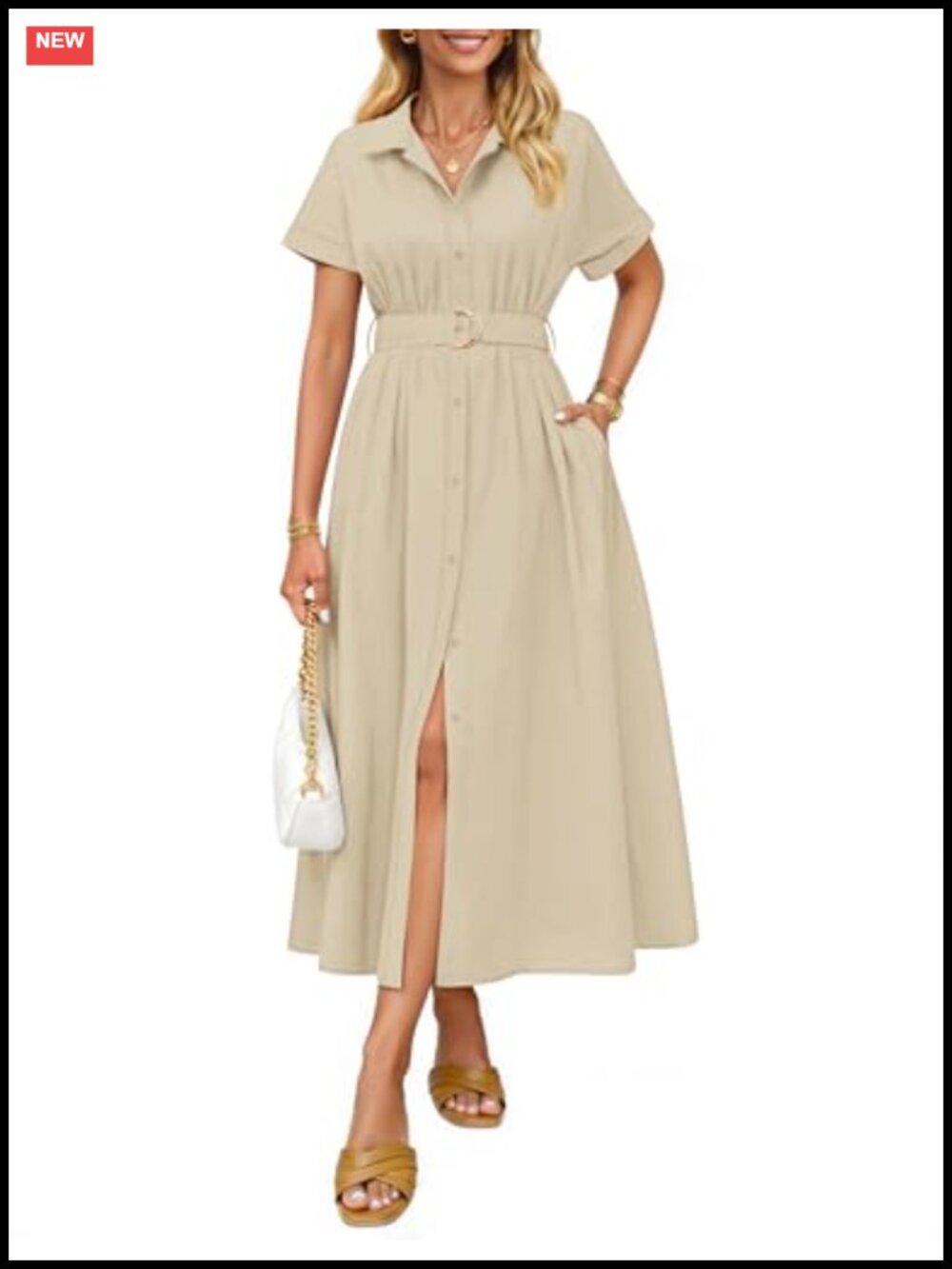 Women's Summer Button Down Midi Dress 100% Cotton Short Sleeve